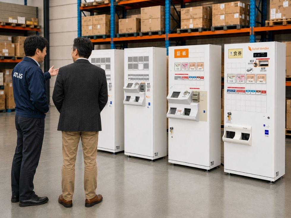 グローリー券売機VT-G20MとVT-B20 アトラス倉庫内で商談中の様子